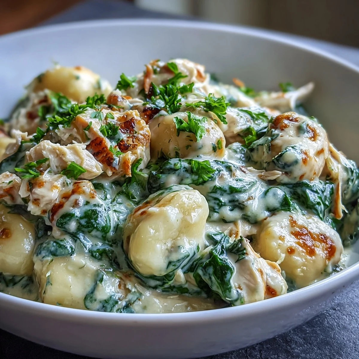 A close-up of Creamy Spinach & Parmesan Gnocchi with Chicken, garnished with fresh herbs and grated cheese.
