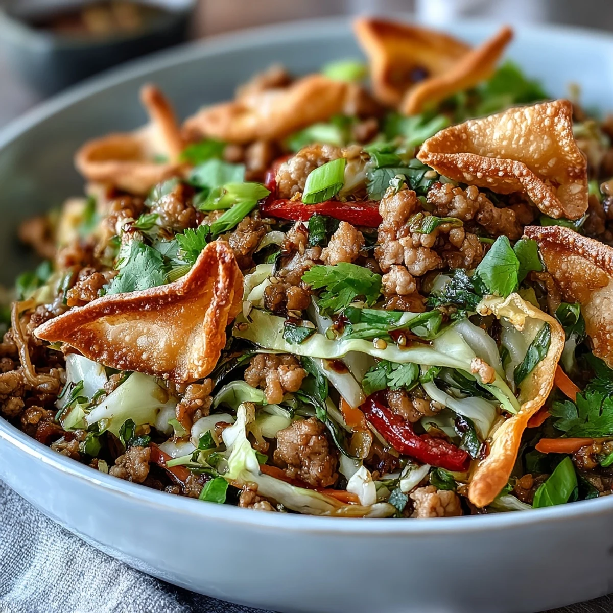 Ranch Turkey & Veggie Egg Roll Bowl topped with crispy wonton strips and green onions, ready to serve.
