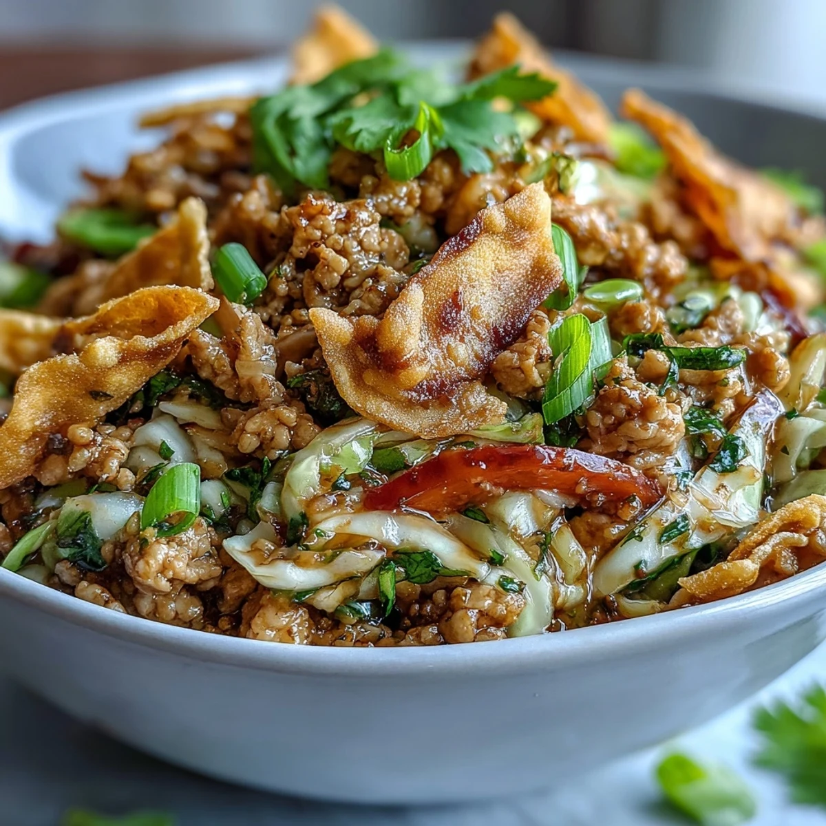 Vibrant sauté of Ranch Turkey & Veggie Egg Roll Bowl with cabbage, peppers, and savory ranch seasoning mix.