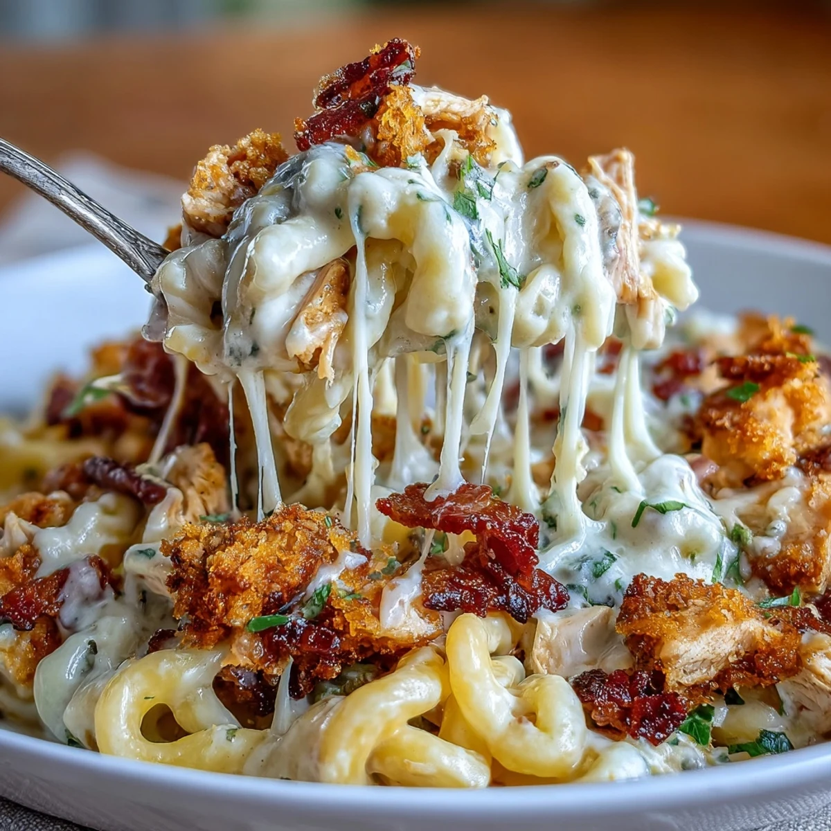 Shredded chicken and penne pasta rest in a luscious cream cheese sauce garnished with fresh jalapeño slices.