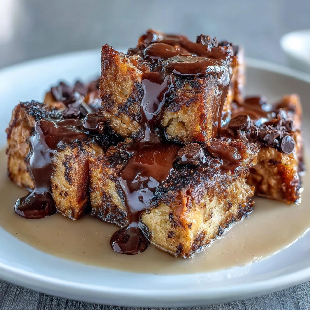 Freshly baked High-Protein Peanut Butter & Chocolate Baked French Toast sits in a ceramic dish, with gooey chocolate chips and a warm peanut butter drizzle over the golden-brown top.