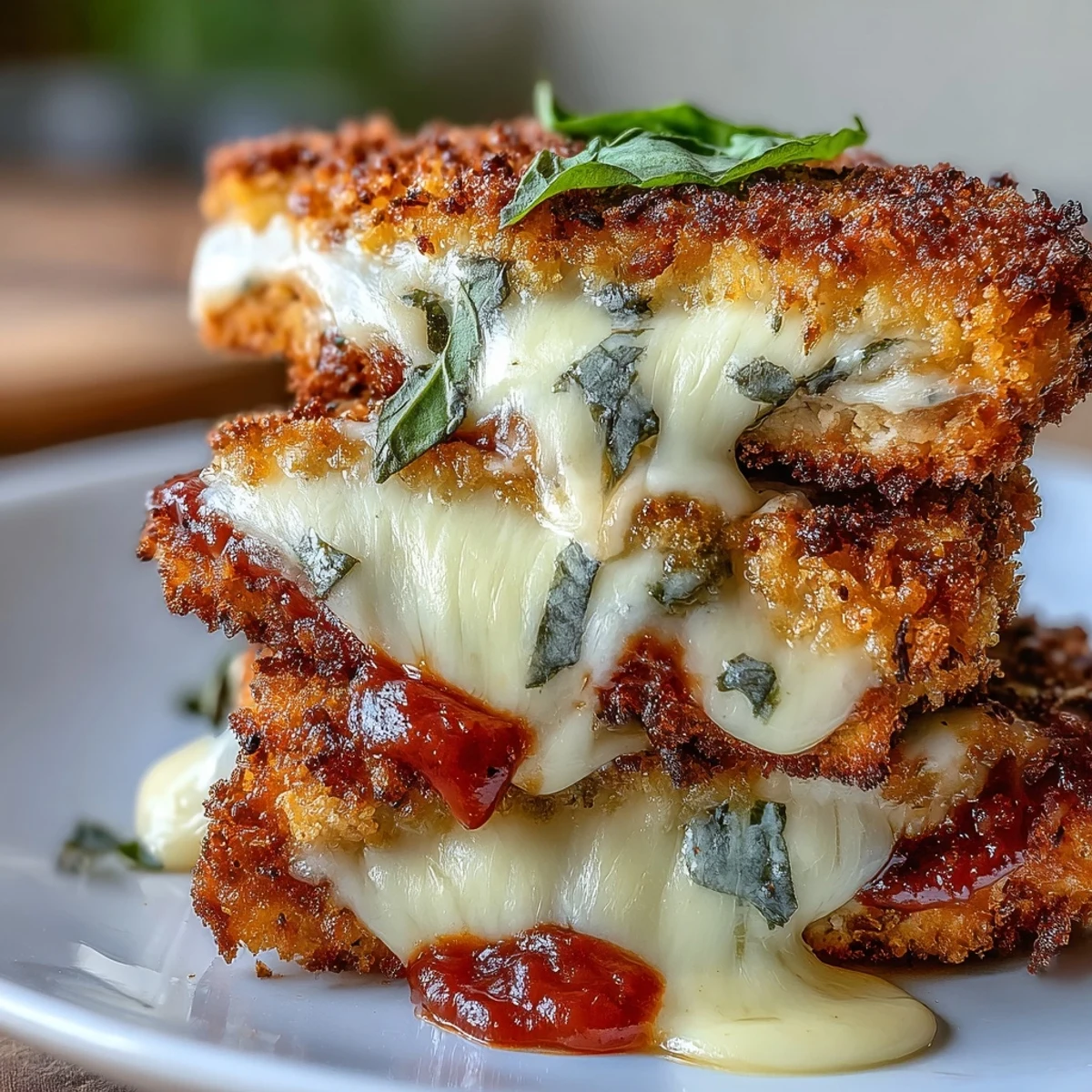 Crispy Tofu Chicken Parm Bakes feature golden, Asiago-crusted slabs topped with bubbly marinara and melted mozzarella, garnished with fresh basil.