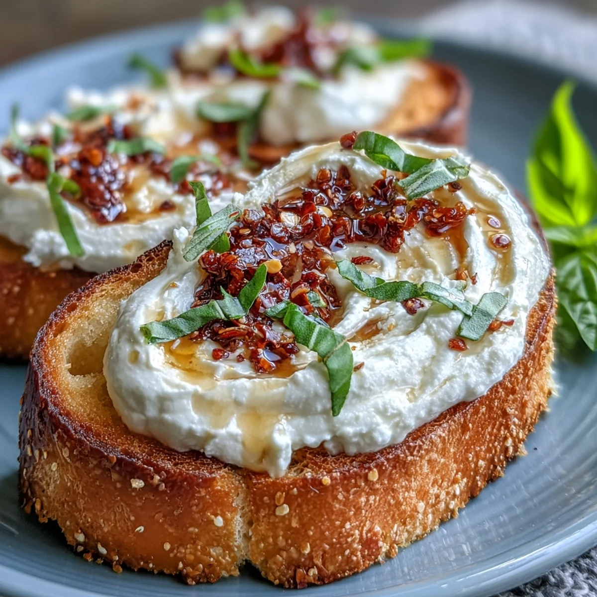 Crispy toasted baguette slices with creamy ricotta and drizzled hot honey, topped with chili crunch and fresh basil.