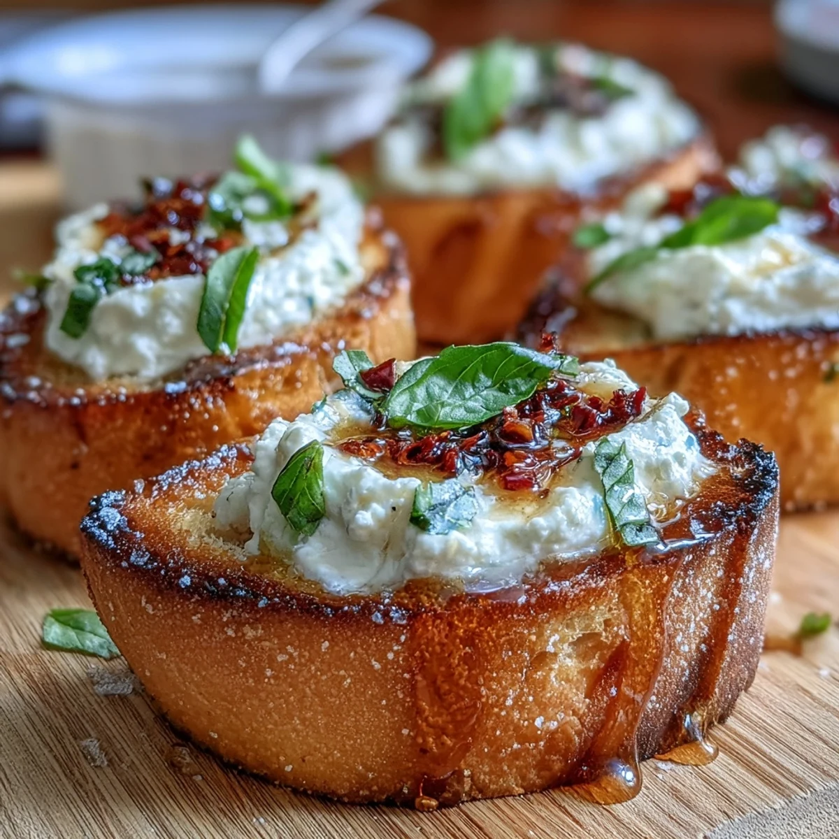 Golden, toasted baguette bruschetta spread with whipped ricotta, spicy hot honey, and crunchy chili oil for an appetizer.