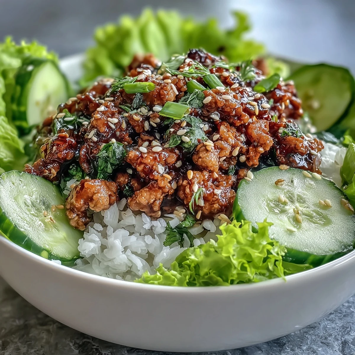 Hot Korean-inspired sesame turkey is spooned over warm rice in Sesame Turkey Lettuce Wrap Bowls with cucumber ribbons.