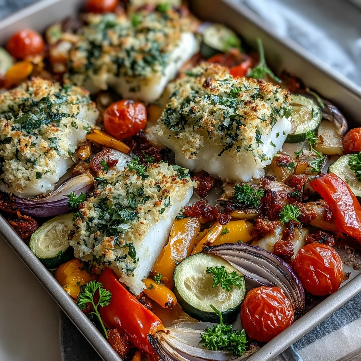Golden Parmesan Crusted Sheet Pan Fish & Veg with roasted bell peppers and zucchini on a wooden board.