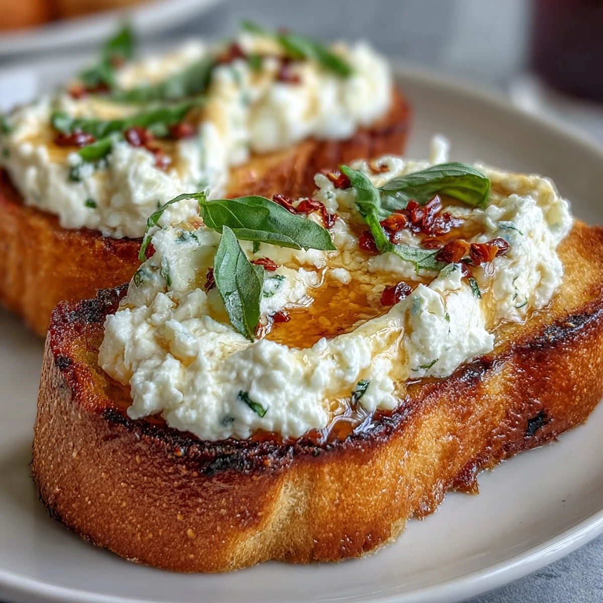 Rustic Italian-American bruschetta served on a wooden board, garnished with fresh basil for a vibrant appetizer.