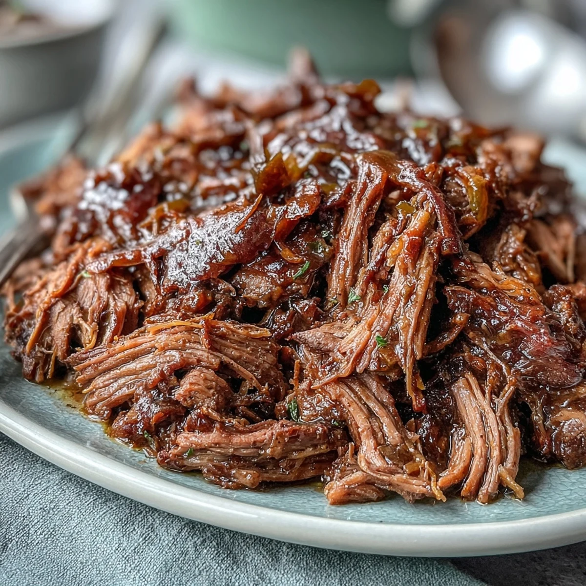 Tender shredded Slow Cooker Mississippi-Style Ranch Beef in a slow cooker, infused with tangy pepperoncini and rich butter.