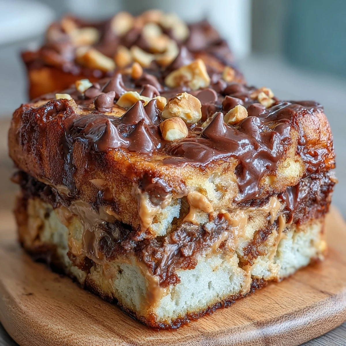 Warm High-Protein Peanut Butter & Chocolate French Toast garnished with chocolate chips.