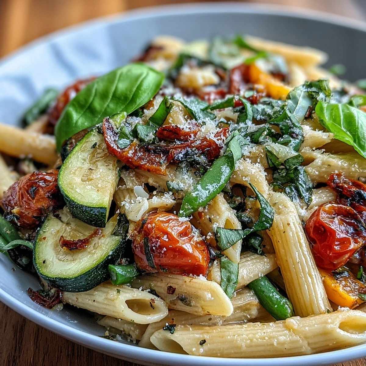 Close-up of a vibrant Vegan One-Pot Pasta Primavera with Lemon and Basil, loaded with red bell pepper, zucchini, and cherry tomatoes in a creamy lemon sauce.