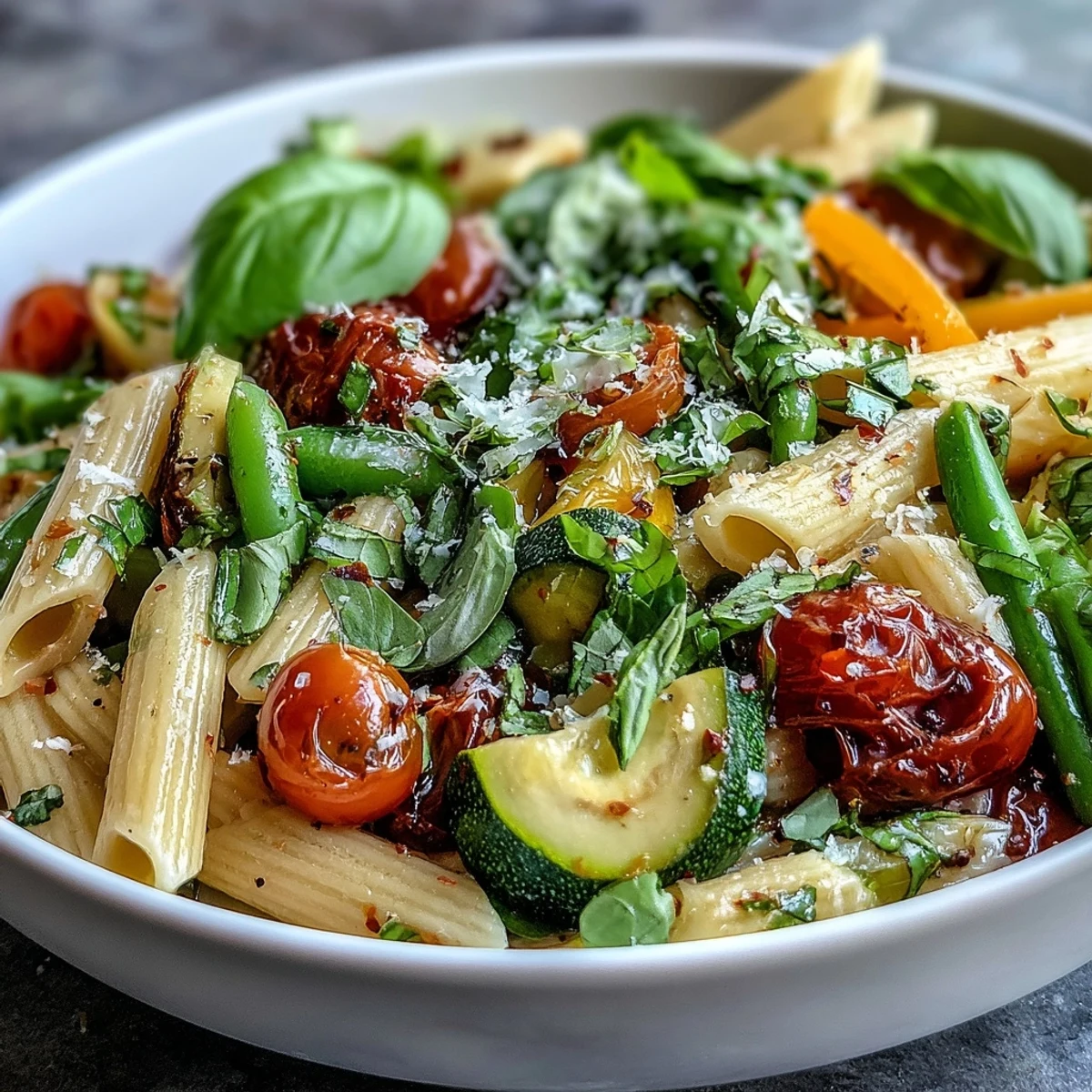 Served in a rustic white bowl, the Vegan One-Pot Pasta Primavera with Lemon and Basil is garnished with extra basil and lemon zest.