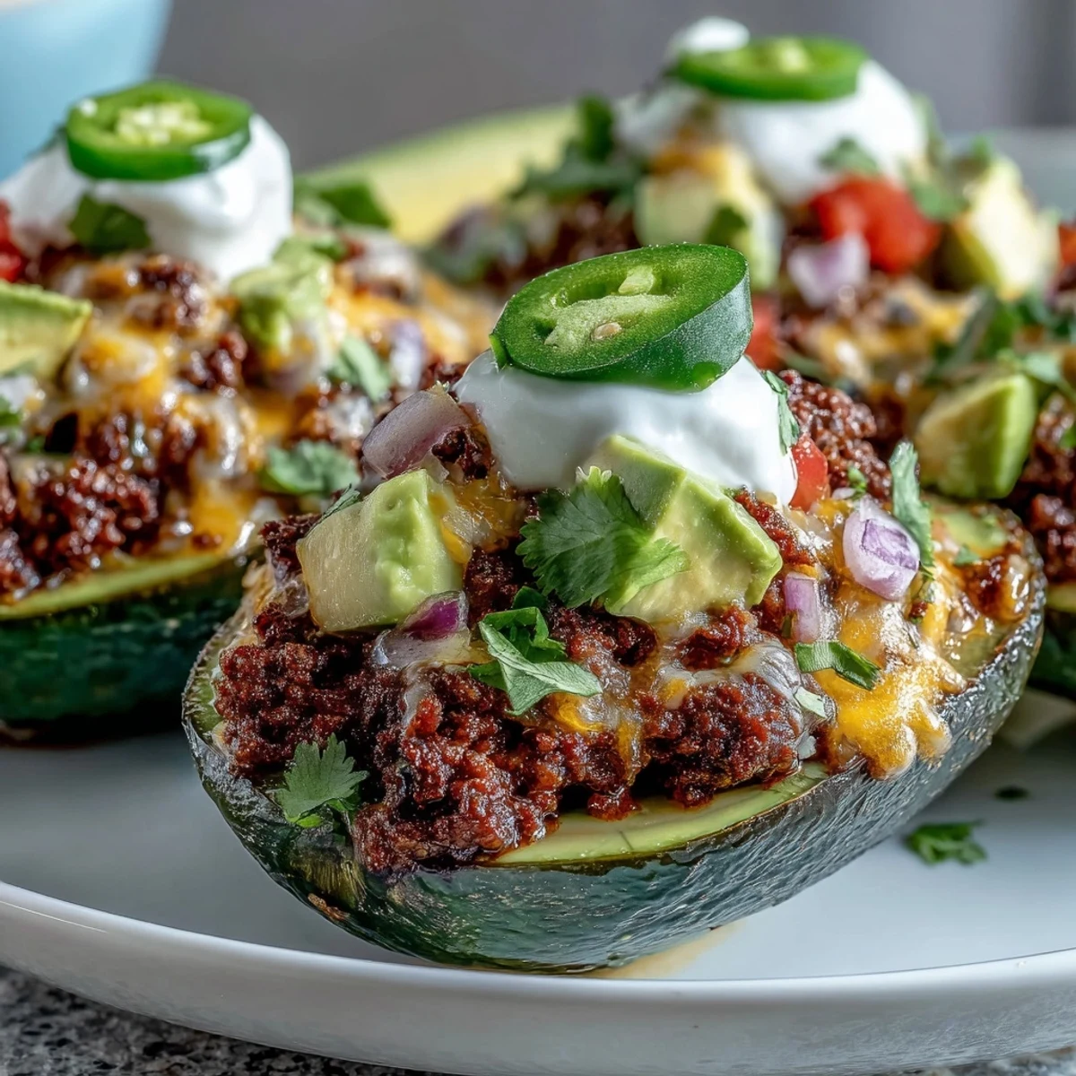 Four halved Keto Taco Stuffed Avocados filled with seasoned ground beef and melted cheddar, topped with fresh salsa and dollops of sour cream on a white plate.