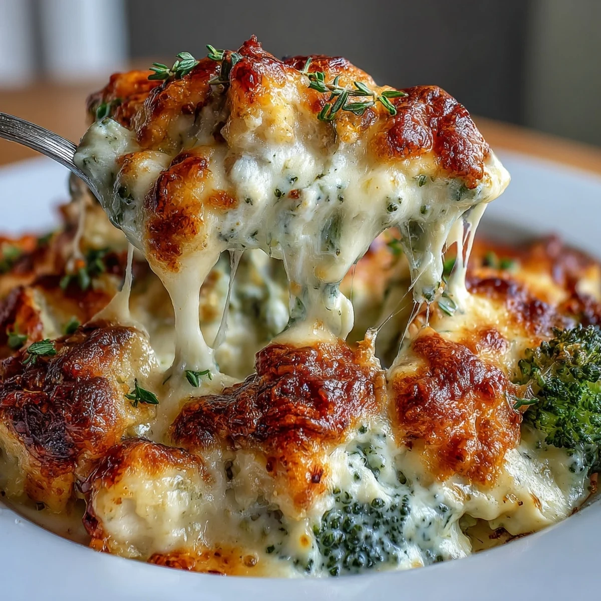 A spoon scoops into the Keto Creamy Chicken and Broccoli Casserole, revealing a thick, cheesy, low-carb sauce coating the ingredients.