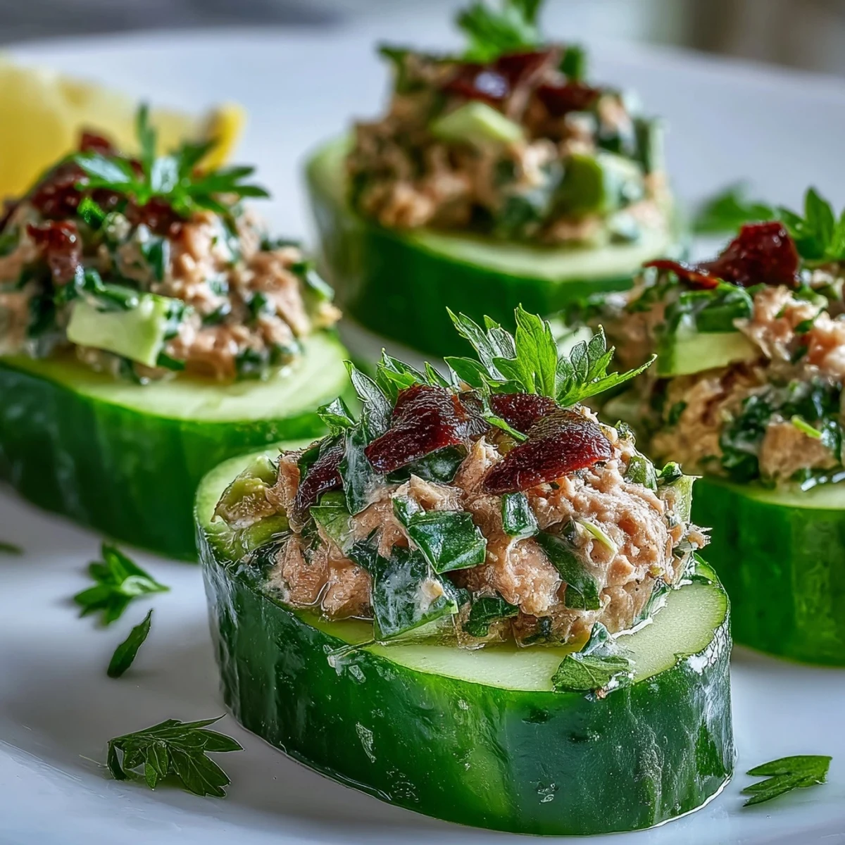 Freshly prepared 10-Minute Tuna Avocado Cucumber Boats served chilled on a white plate with lemon slices.