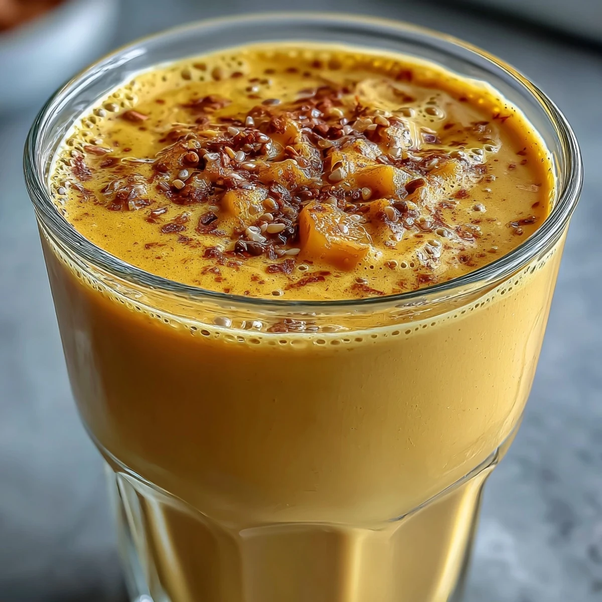 Creamy Vegan Mango Turmeric Golden Milk Smoothie poured into a clear glass with a cinnamon garnish.