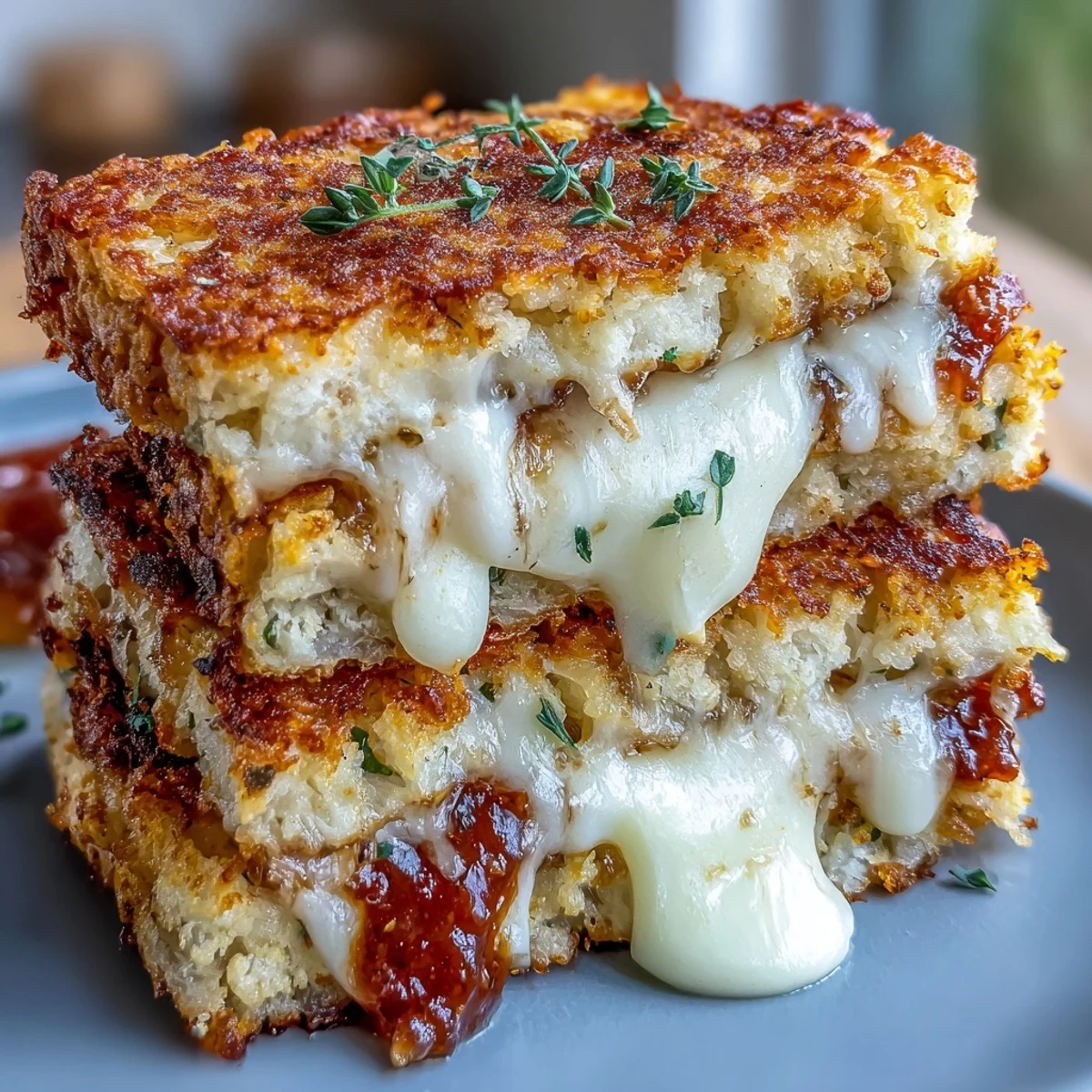 Golden, crispy Keto Cheesy Cauliflower Bread Grilled Cheese slices oozing melted sharp cheddar on a plate.