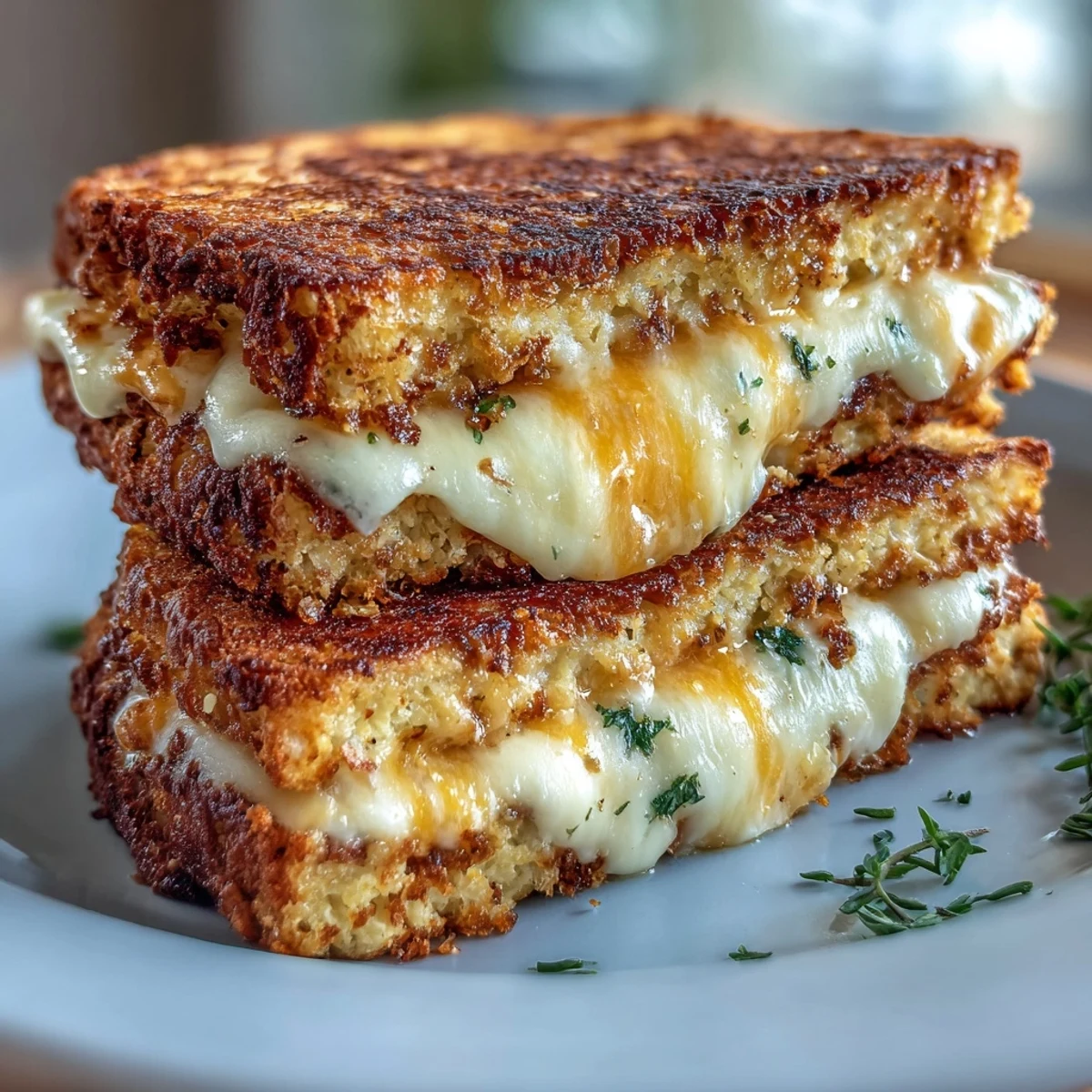 Freshly cooked Keto Cheesy Cauliflower Bread Grilled Cheese paired with a keto-friendly tomato soup dip.