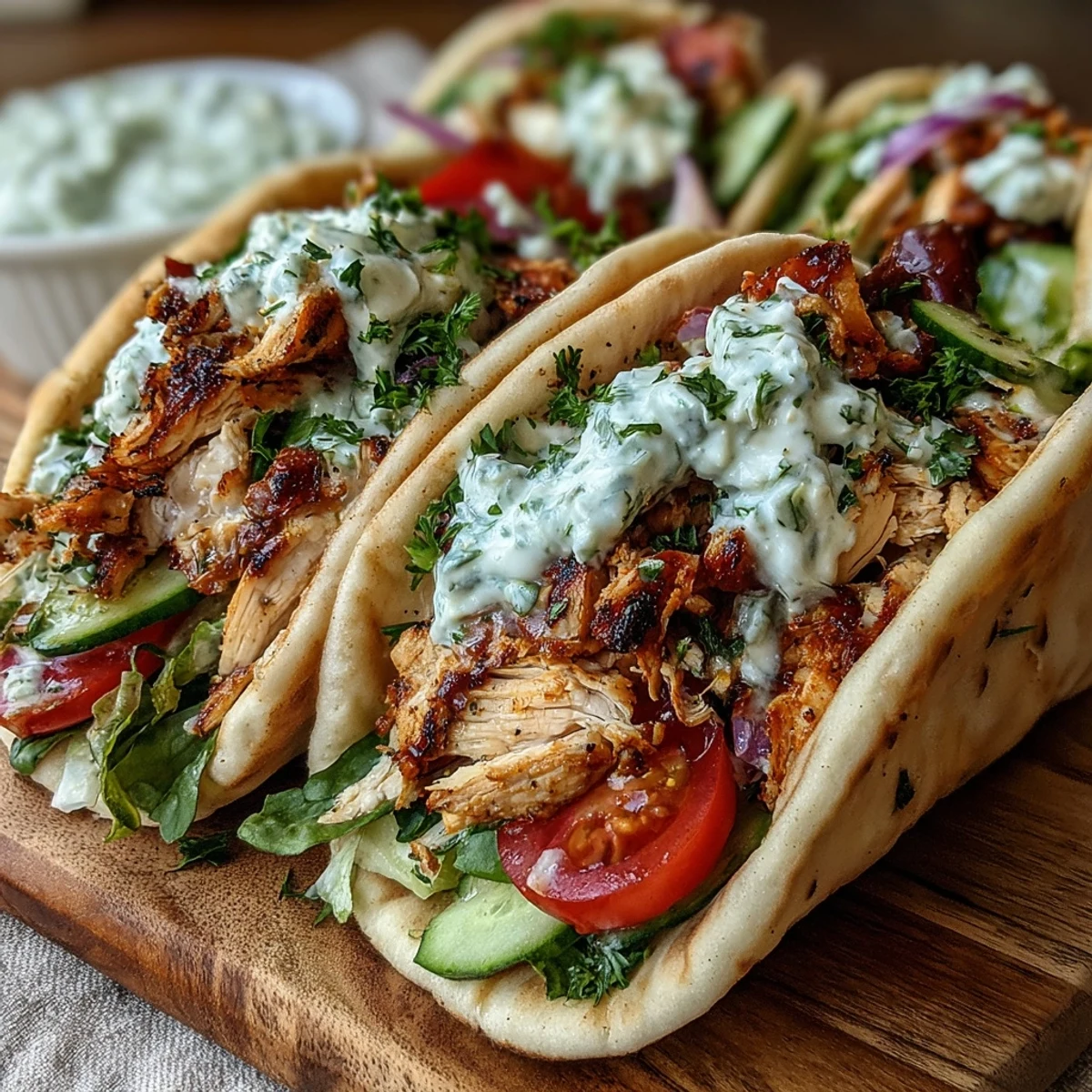 Golden grilled chicken nestled inside soft Greek Chicken Pita Pockets beside a fresh cucumber tomato salad.
