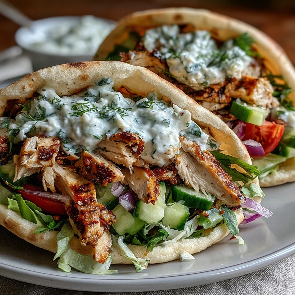 Freshly assembled Greek Chicken Pita Pockets ready to serve, with a tangy yogurt drizzle and lemon wedges.