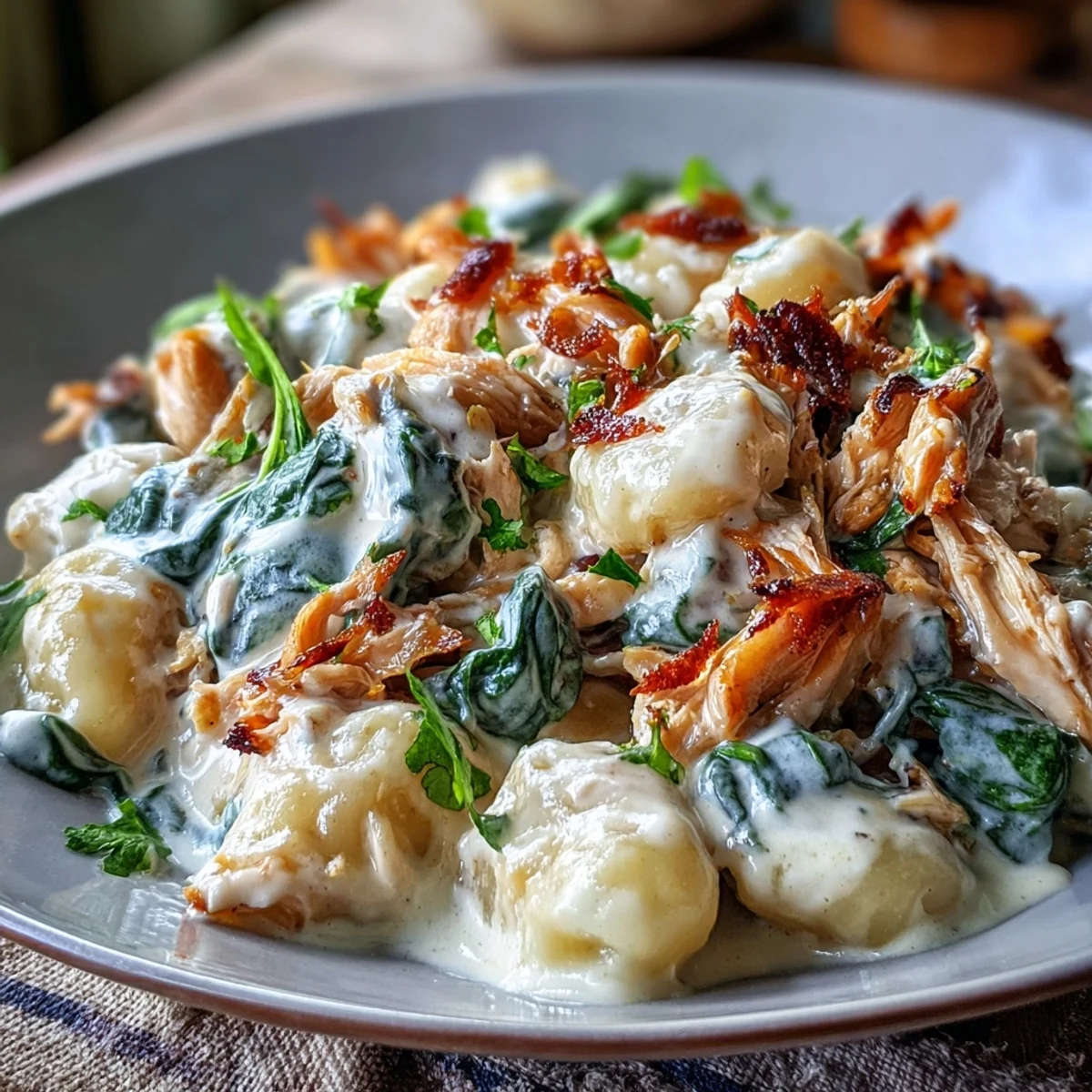 Creamy Spinach & Parmesan Gnocchi with Chicken is plated, featuring golden gnocchi and tender chicken coated in rich sauce.