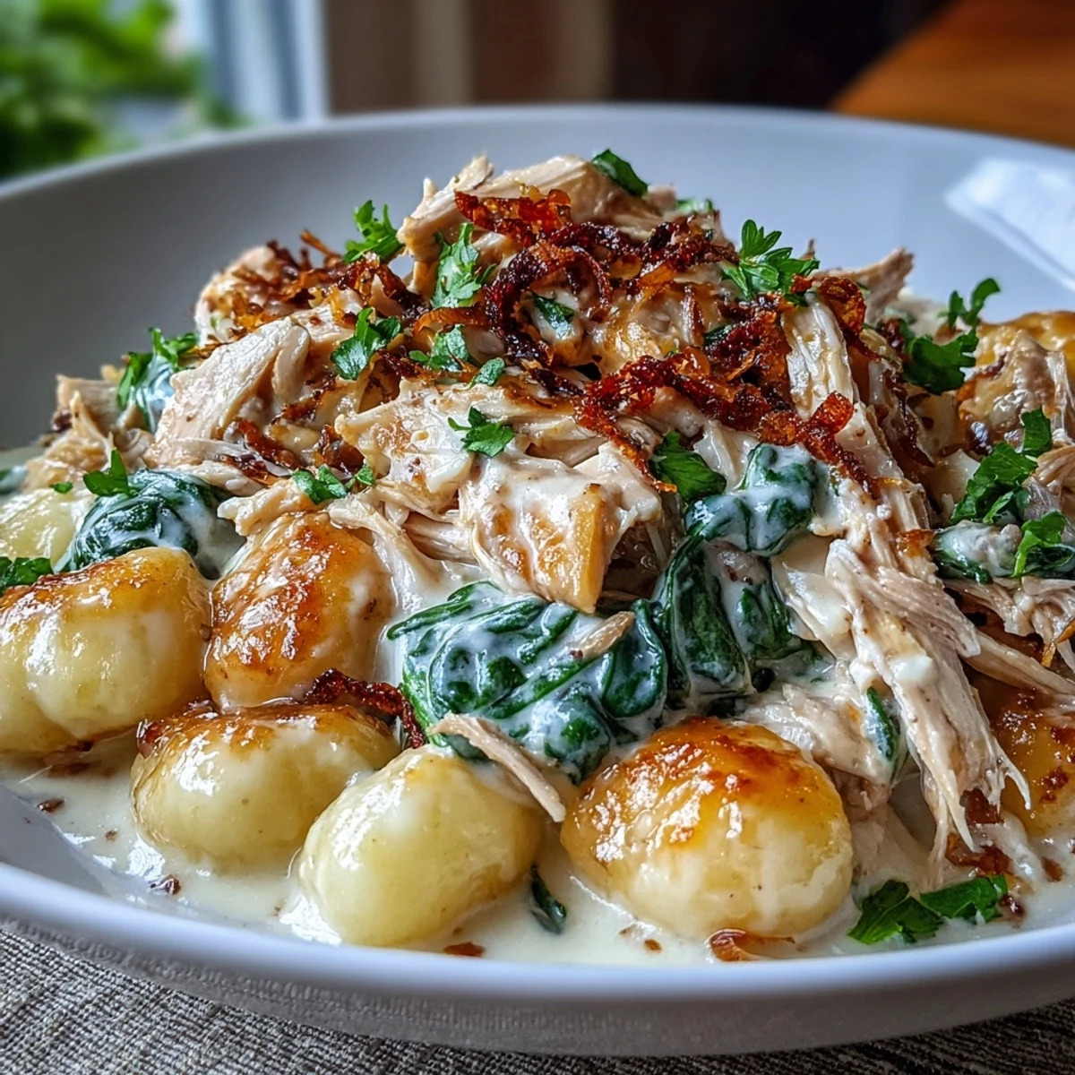 Steaming Creamy Spinach & Parmesan Gnocchi with Chicken features wilted greens and a fork-ready bite on a rustic plate.