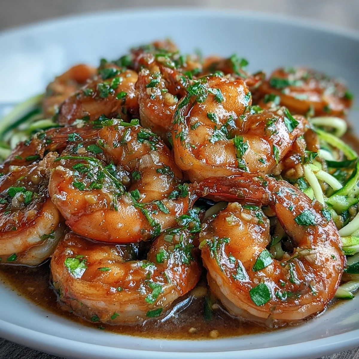 Keto garlic butter shrimp over zucchini noodles in a skillet with fresh herbs and lemon.