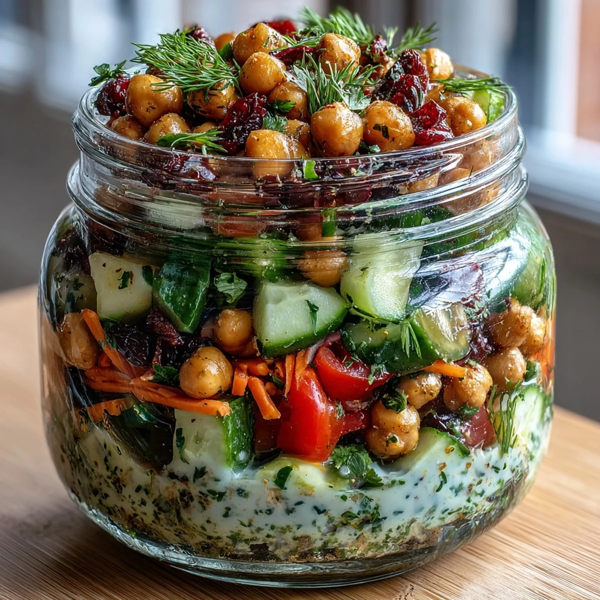 Layered Mediterranean-inspired salad jars bursting with crisp cucumber, protein-rich chickpeas, and tangy citrus herb dressing in a portable meal.  