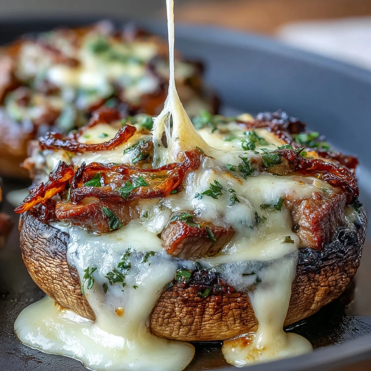 Savory keto Philly cheesesteak stuffed portobello mushrooms loaded with juicy steak, sautéed peppers, and melted provolone cheese.