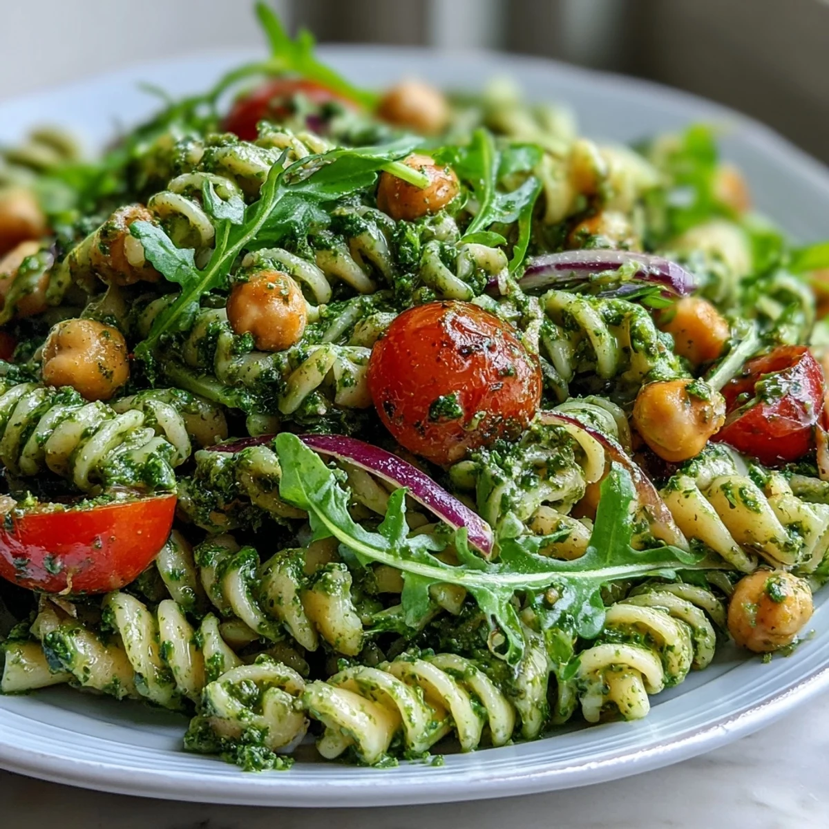 A vibrant vegan pasta salad with creamy pesto, chickpeas, and arugula—ideal for a light and healthy lunch or side dish.