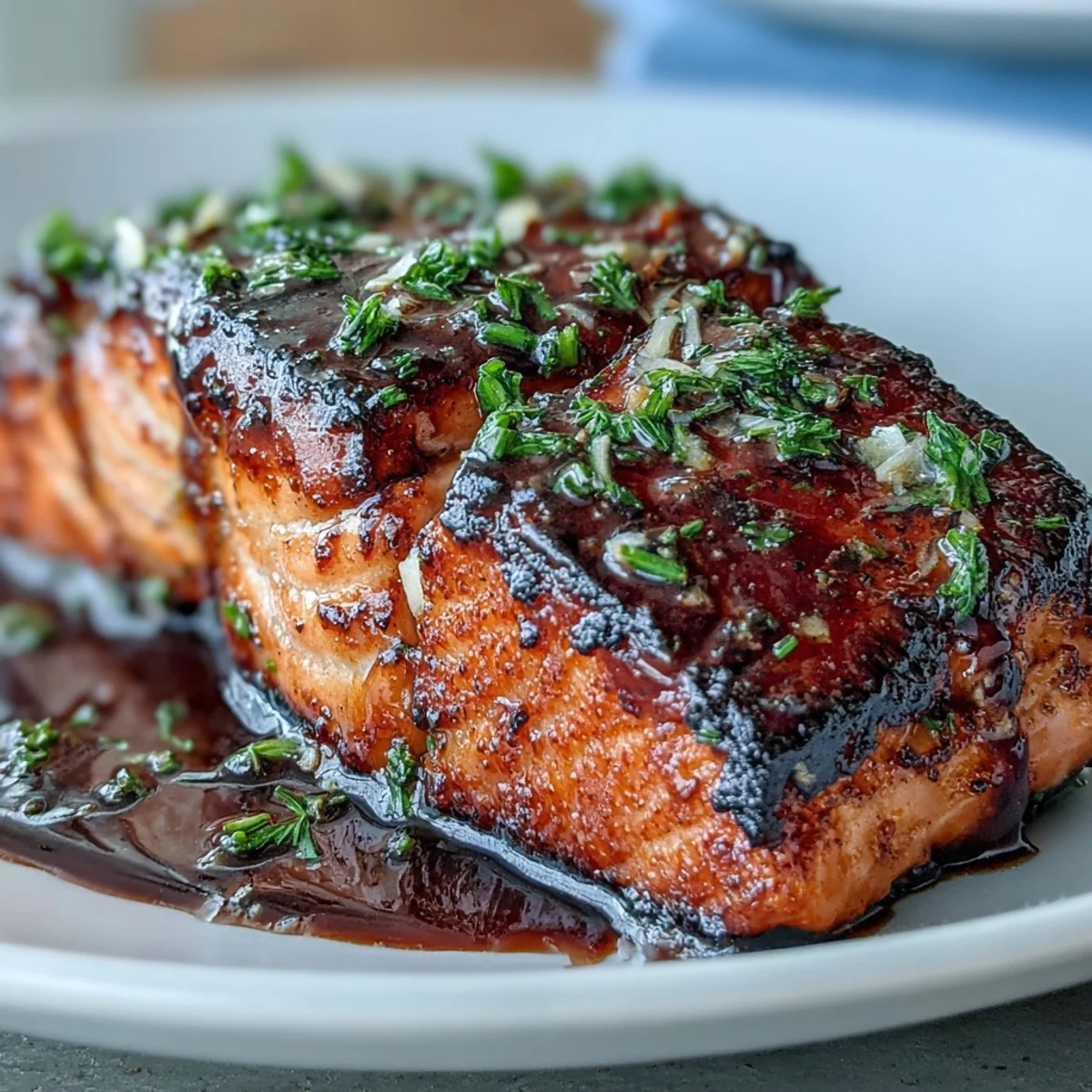 Savory baked salmon with honey-Dijon glaze, served on a platter with fresh parsley garnish for a flavorful dinner.