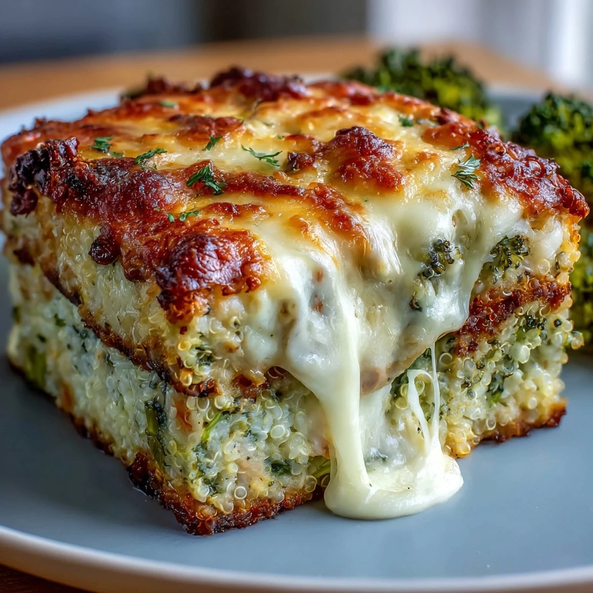 Hearty and healthy casserole loaded with fluffy quinoa, steamed broccoli, shredded chicken, and melted cheese in every bite.  