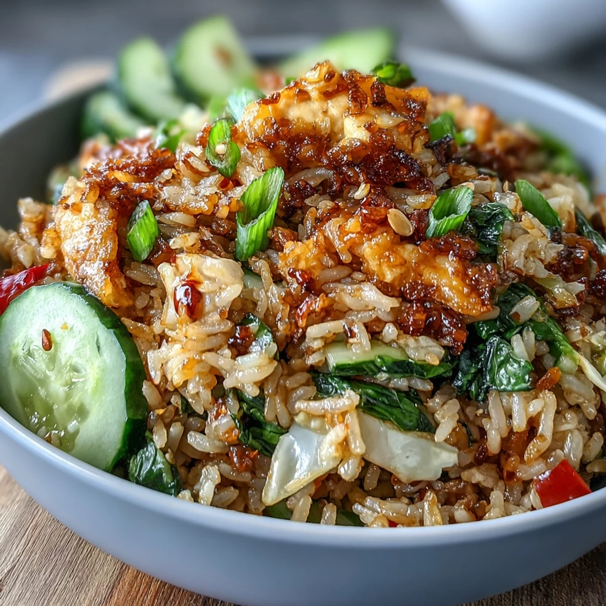 Vibrant crispy rice salad with crunchy vegetables and bold peanut-sesame dressing in a colorful bowl.  