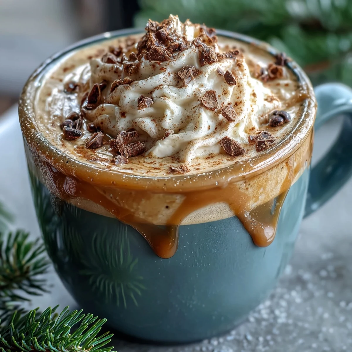 A festive holiday drink featuring rich chai spices, sweetened black tea, and steamed milk, garnished with a dollop of spiced whipped cream.