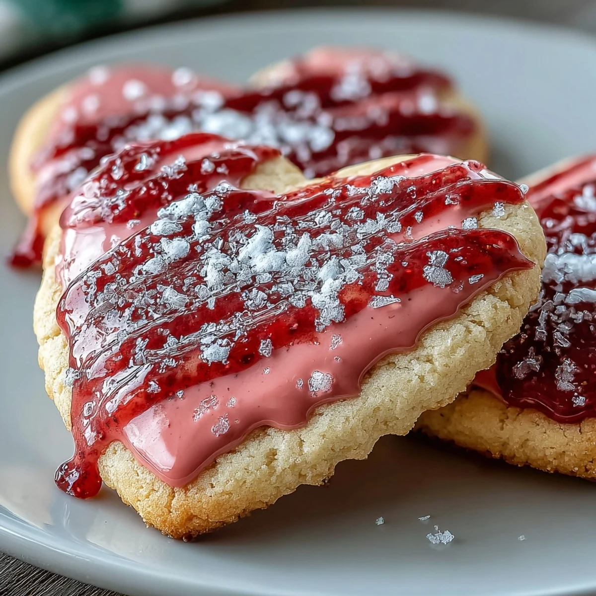 A plate of heart-shaped sugar cookies with vibrant pink strawberry icing, perfect for Valentine's Day treats.  