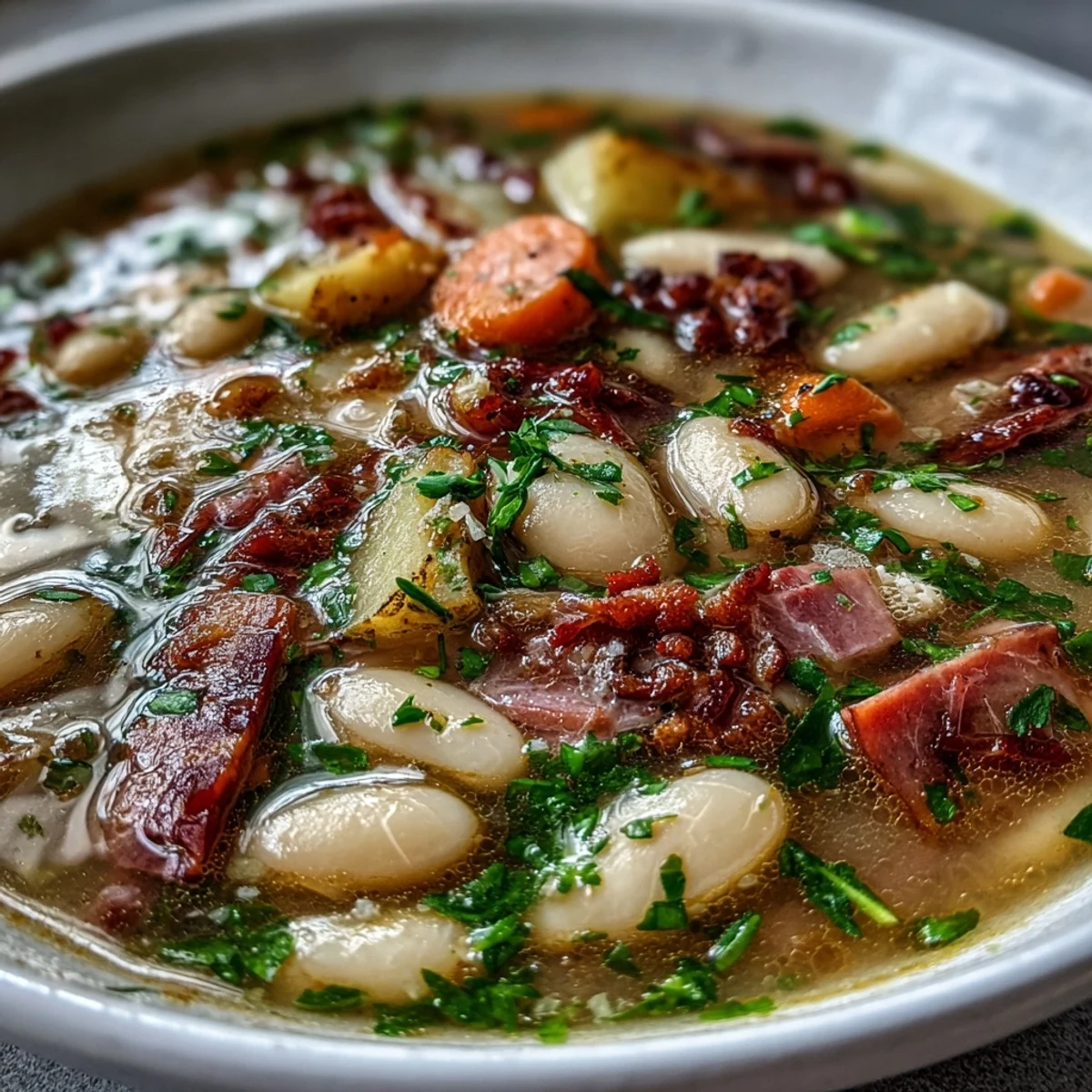 Close-up of creamy bean soup with smoked ham and potatoes, served hot with crusty bread.