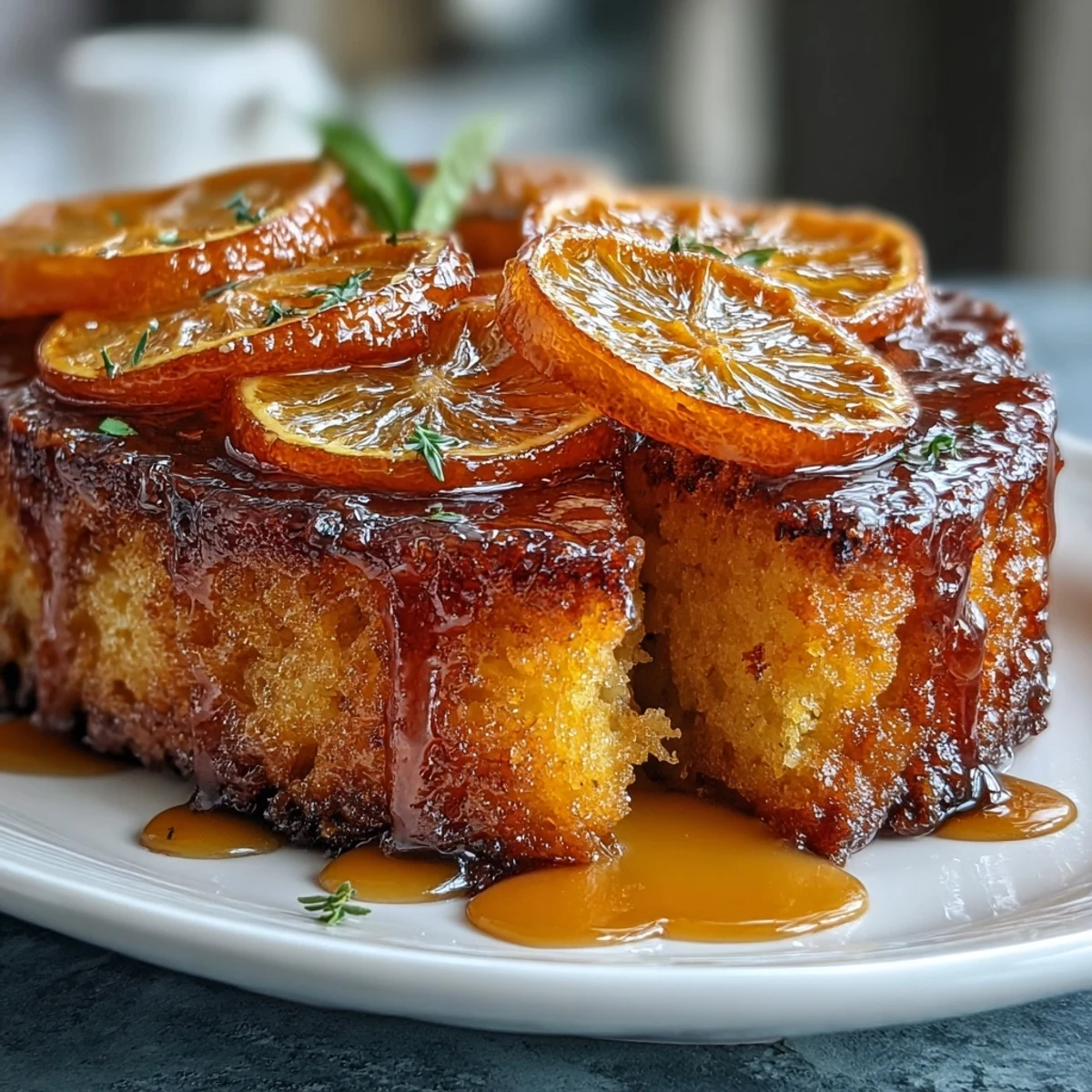 Slice of olive oil cake featuring candied orange topping and drizzled with homemade citrus glaze for a Mediterranean treat.