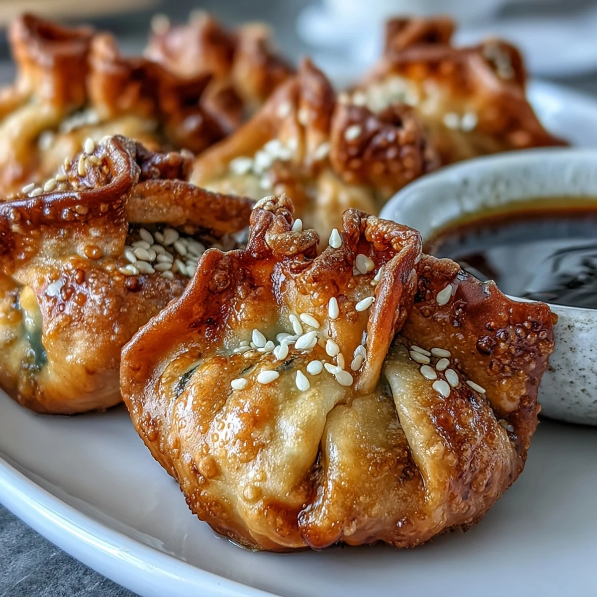 Golden, crispy chicken dumplings fresh from the air fryer, accompanied by a rich sesame soy dipping sauce.