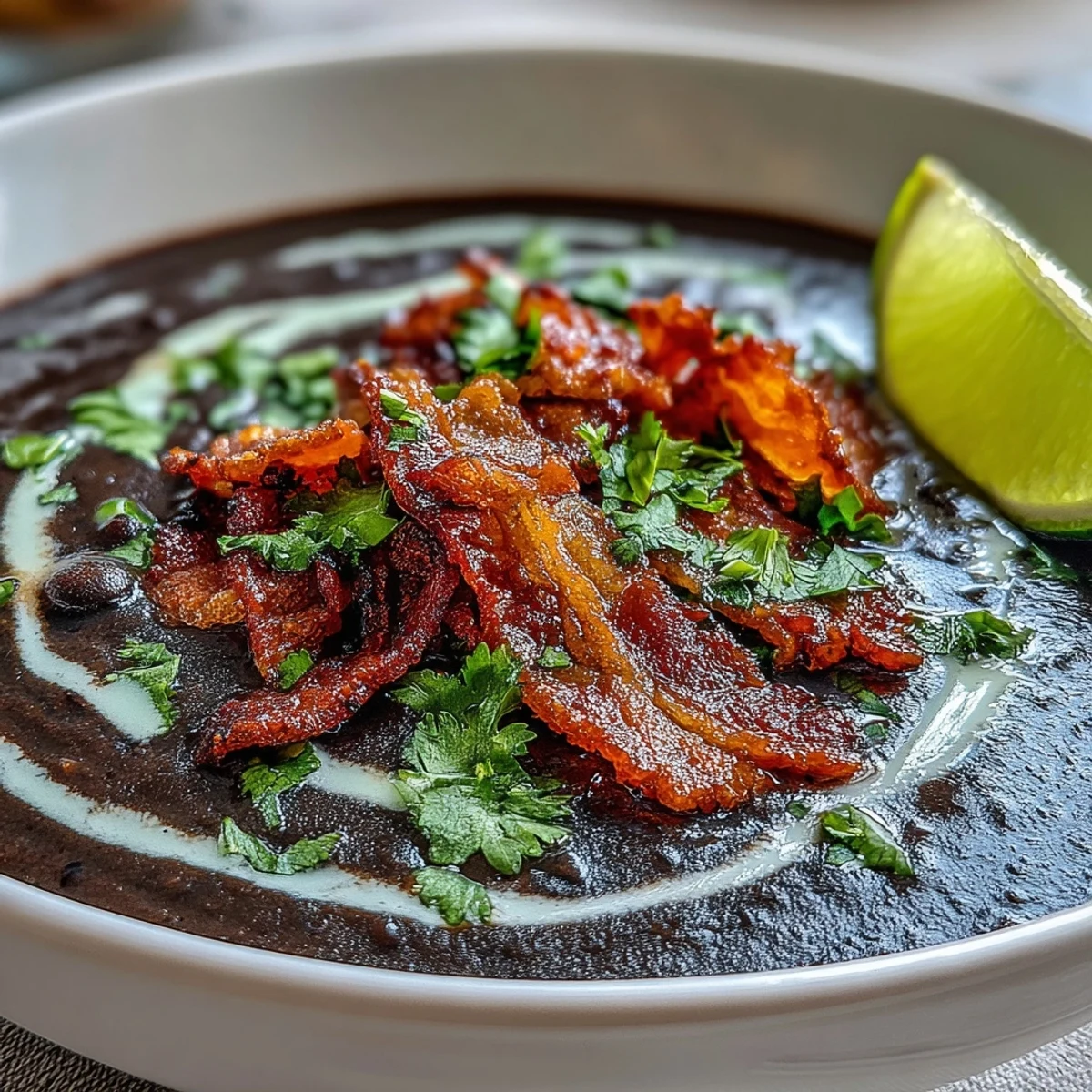 Velvety black bean soup garnished with tangy lime crema, crispy bacon, and fresh herbs—bold flavors and hearty comfort in every spoonful.