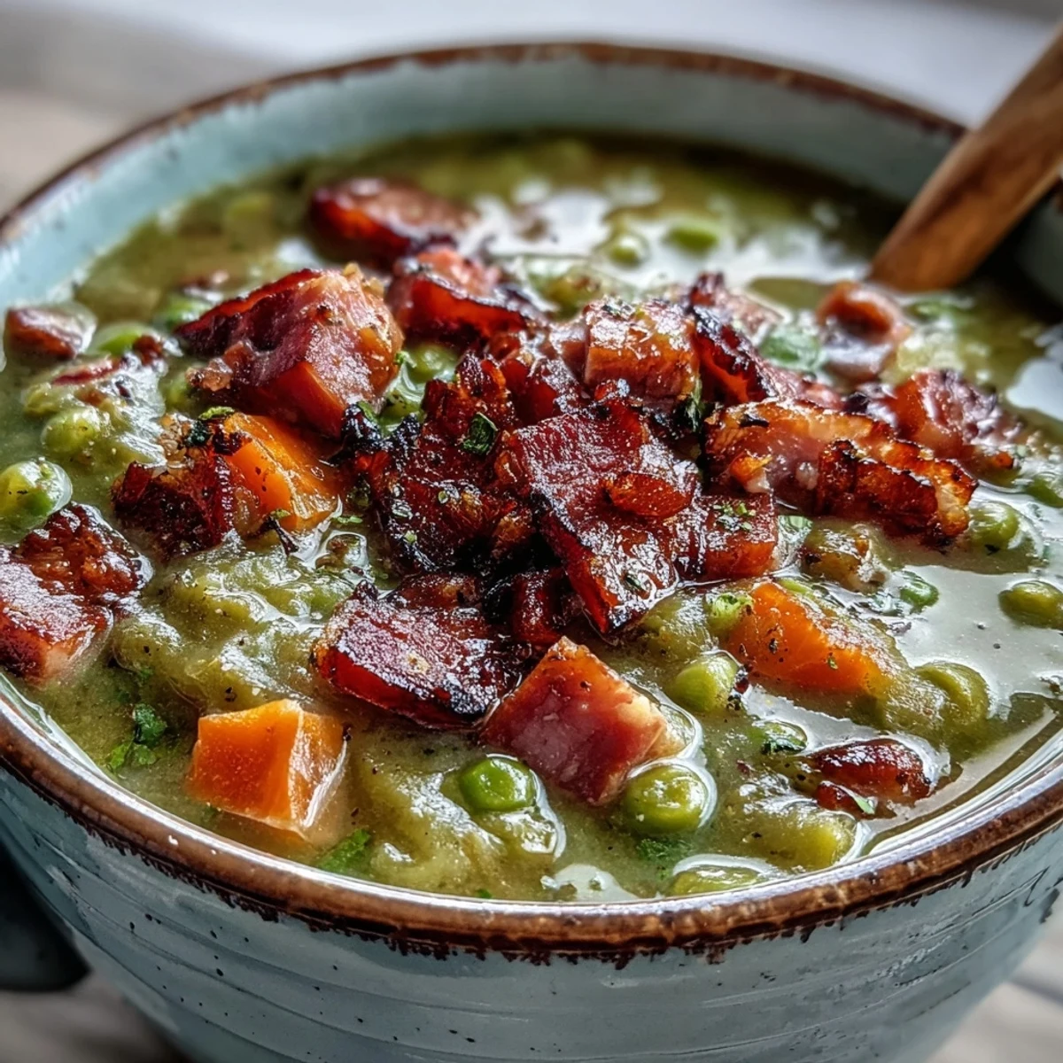 Rich and hearty Ham and Split Pea Soup with sweet carrots, ideal for a wholesome family dinner.