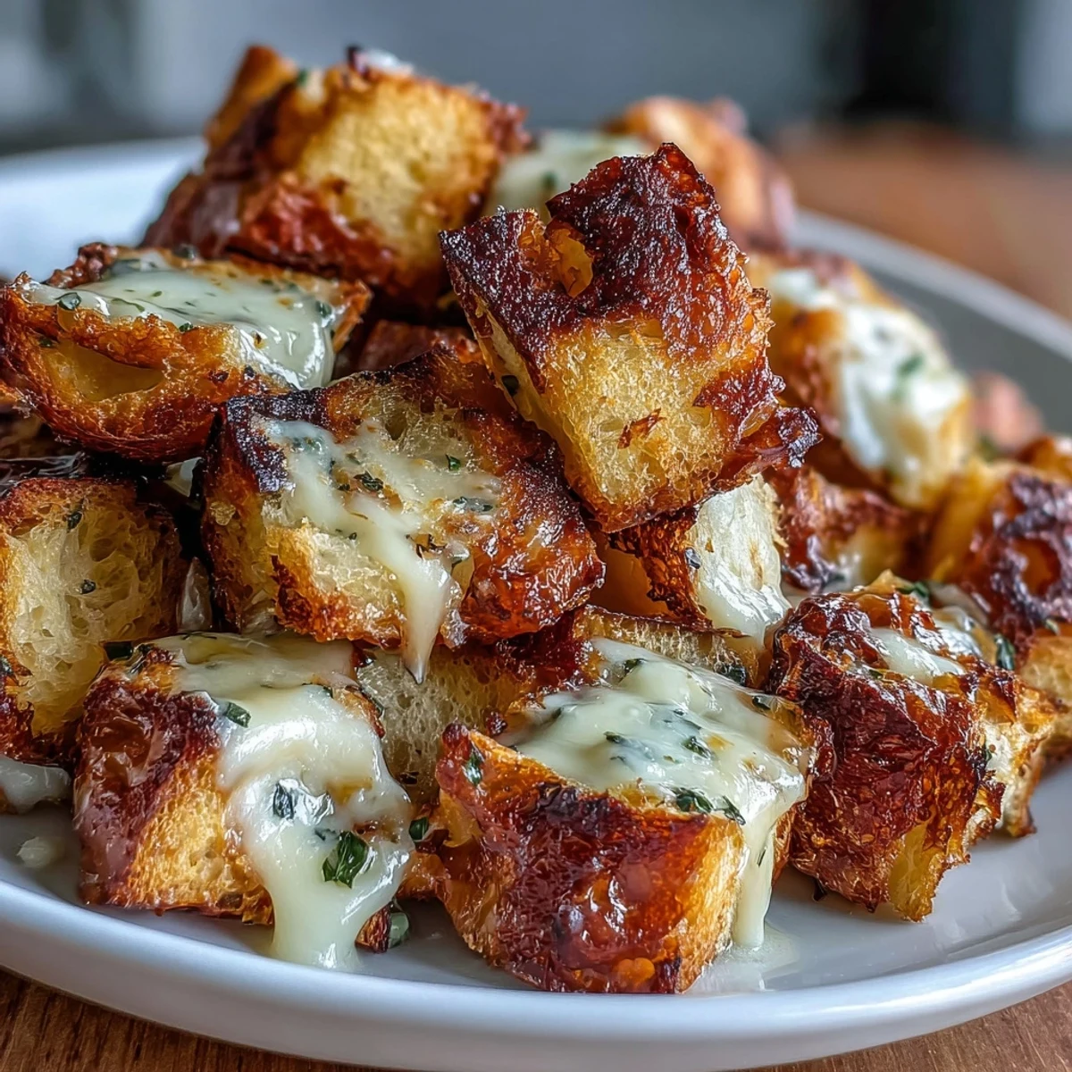 Golden sourdough croutons with crispy edges and a soft center, ideal for French onion soup.  