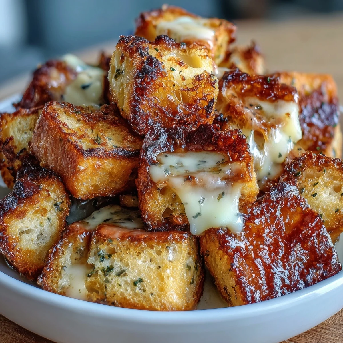Oven-baked sourdough croutons tossed in olive oil and cheese, adding texture to French onion soup.