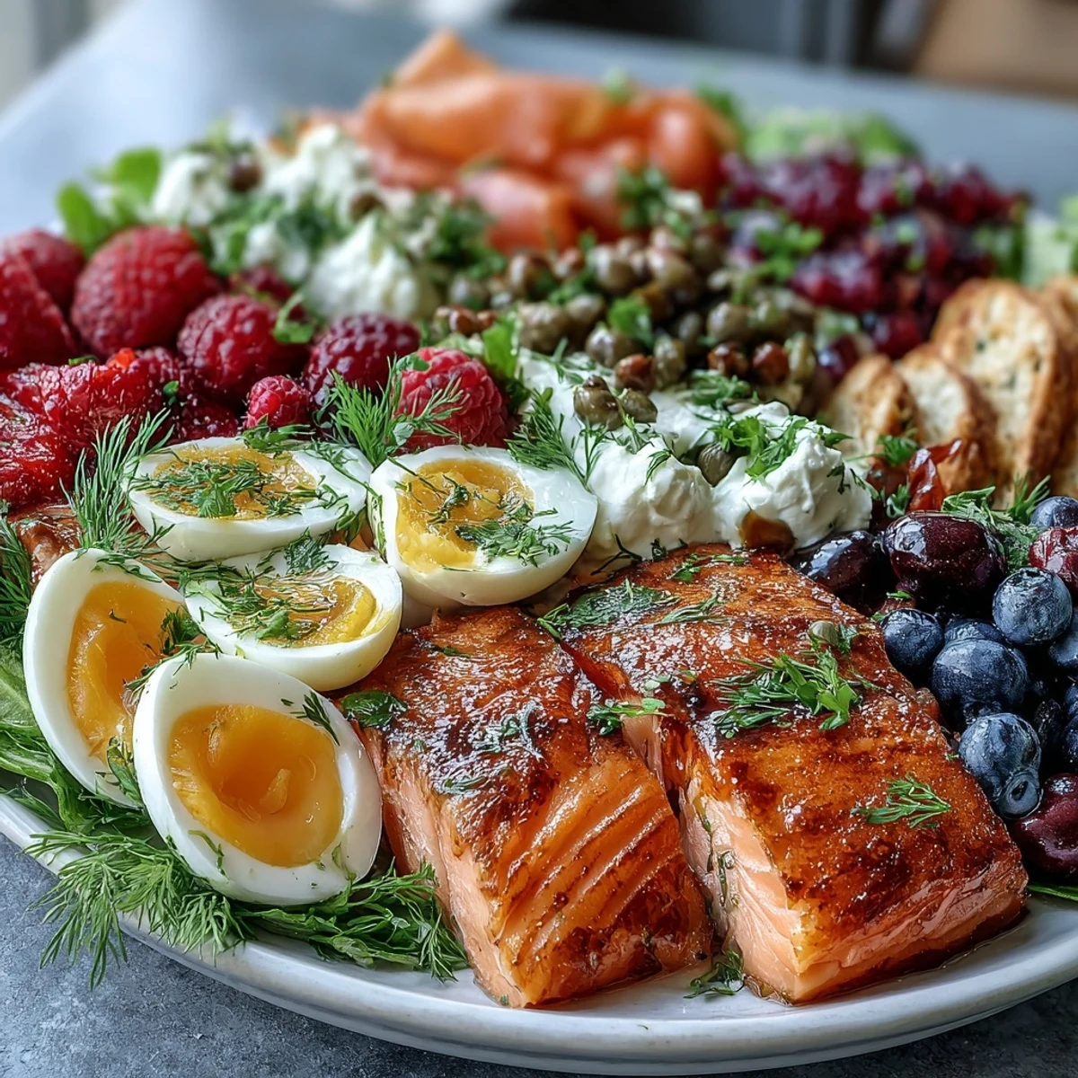 A colorful Galentines brunch board with bagels, lox, and fresh berries arranged for a festive celebration.  