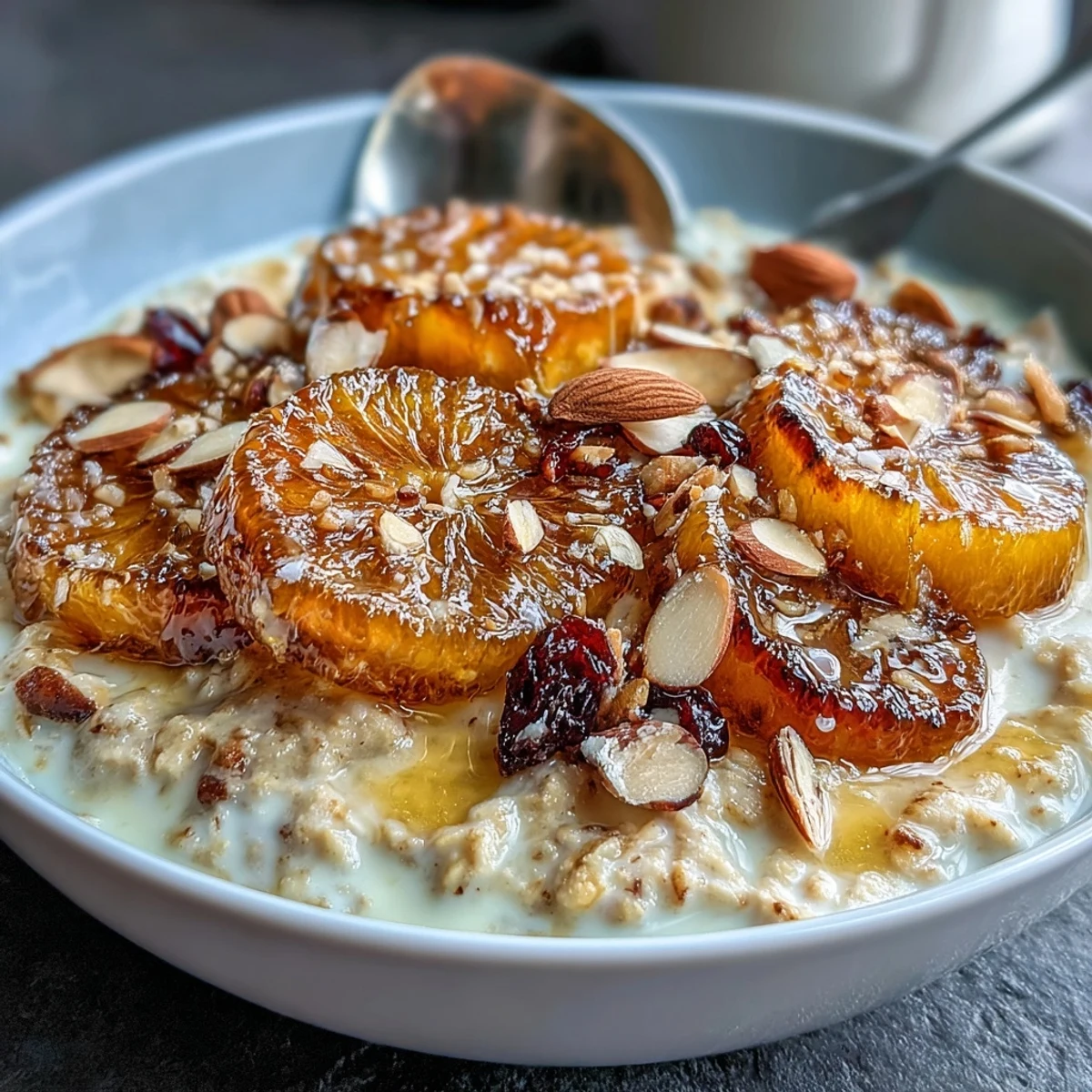 Nourishing breakfast bowl featuring candied orange oatmeal garnished with dried cranberries, toasted almonds, and a drizzle of maple syrup.