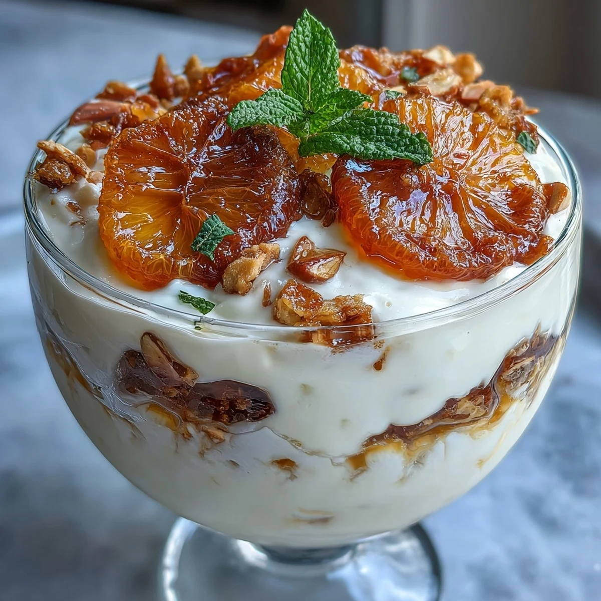 A colorful parfait with creamy Greek yogurt, sweet candied orange slices, and crunchy granola for a delightful breakfast treat.