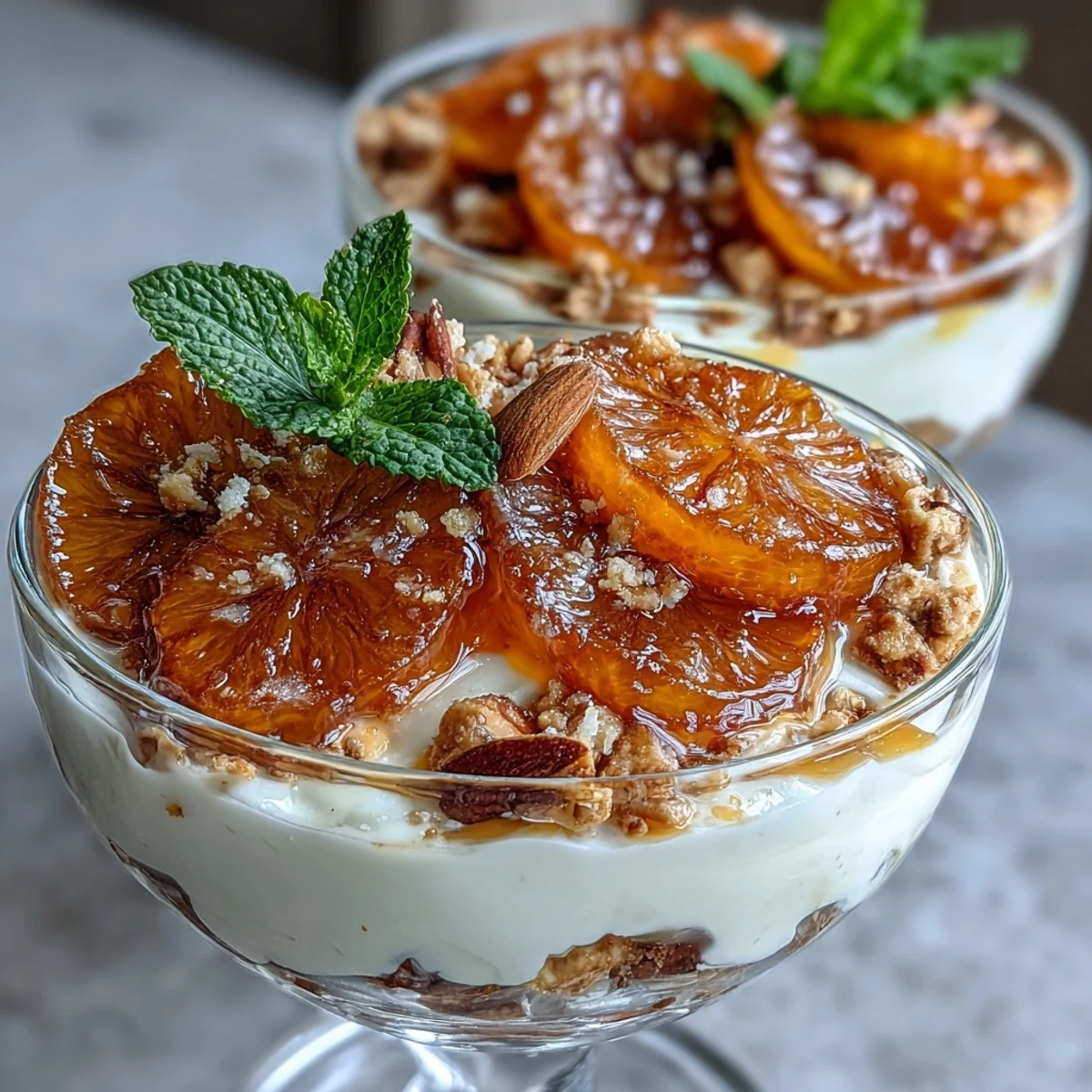 Layers of vanilla-infused yogurt, golden candied oranges, and toasted granola create a refreshing and satisfying dessert or morning meal.