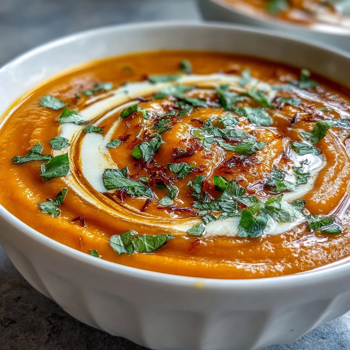Creamy vegan carrot and orange soup with ginger, swirled with coconut milk and served in a rustic white bowl.
