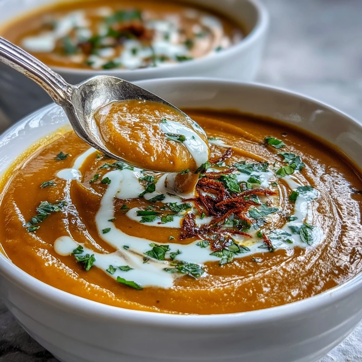 Silky carrot and orange soup with ginger and coconut milk, perfect for a light lunch or elegant starter.
