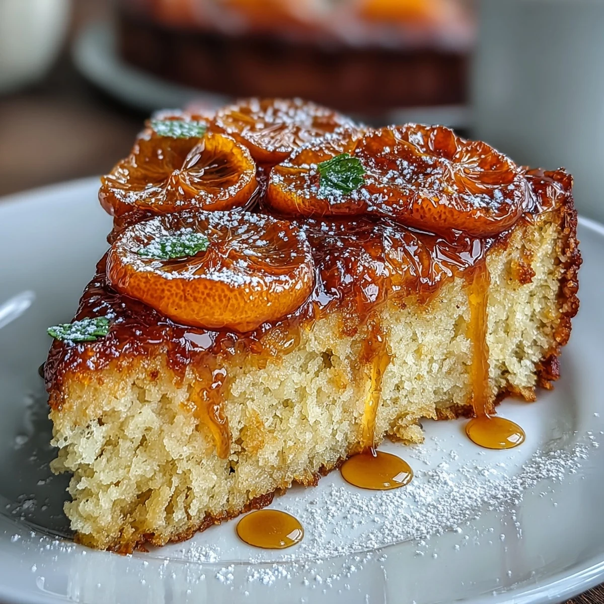 Fragrant Mediterranean-style orange olive oil cake made with almond flour, topped with candied citrus slices and served on a rustic plate.