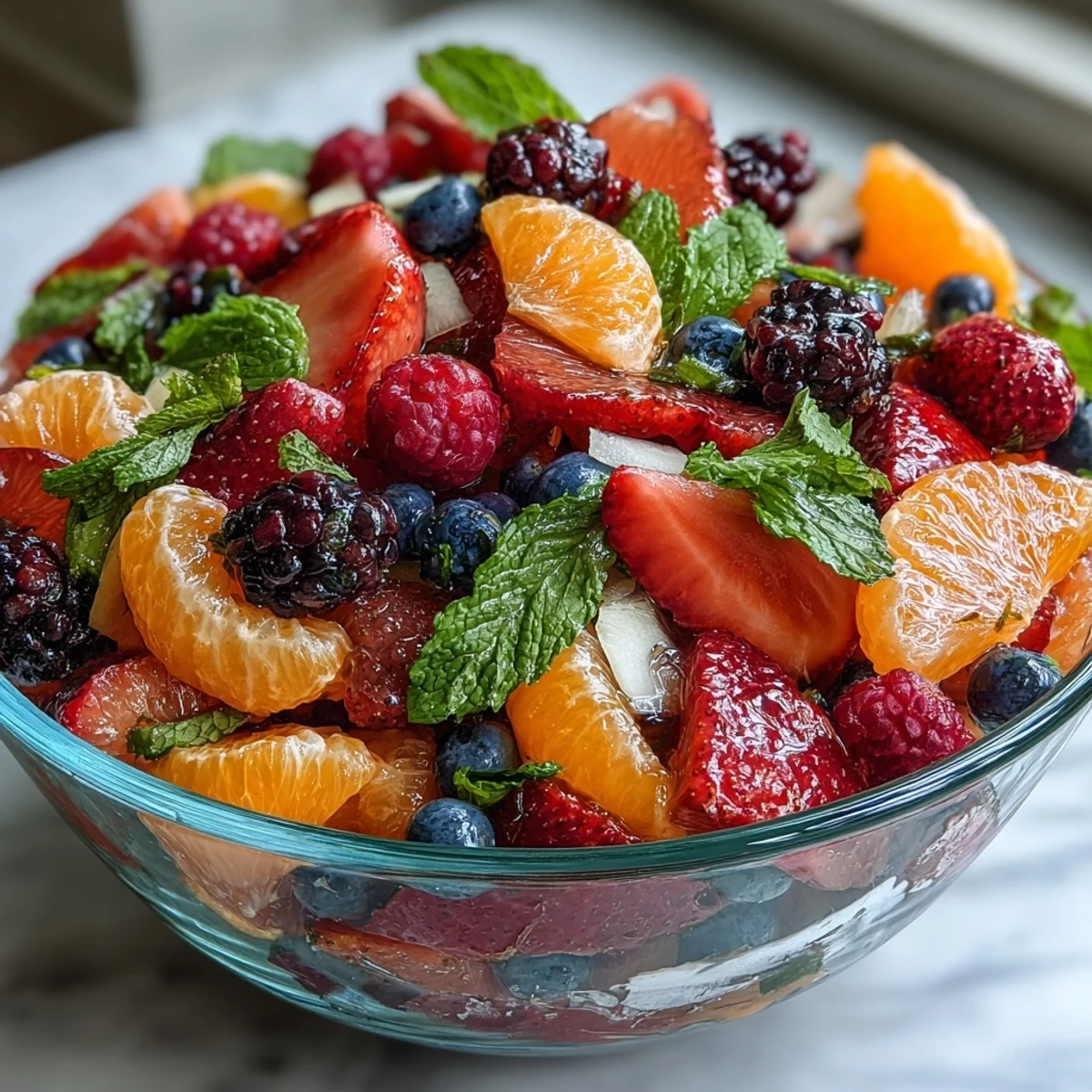 Fresh orange and grapefruit segments tossed with strawberries, blueberries, and mint for a naturally sweet fruit salad.