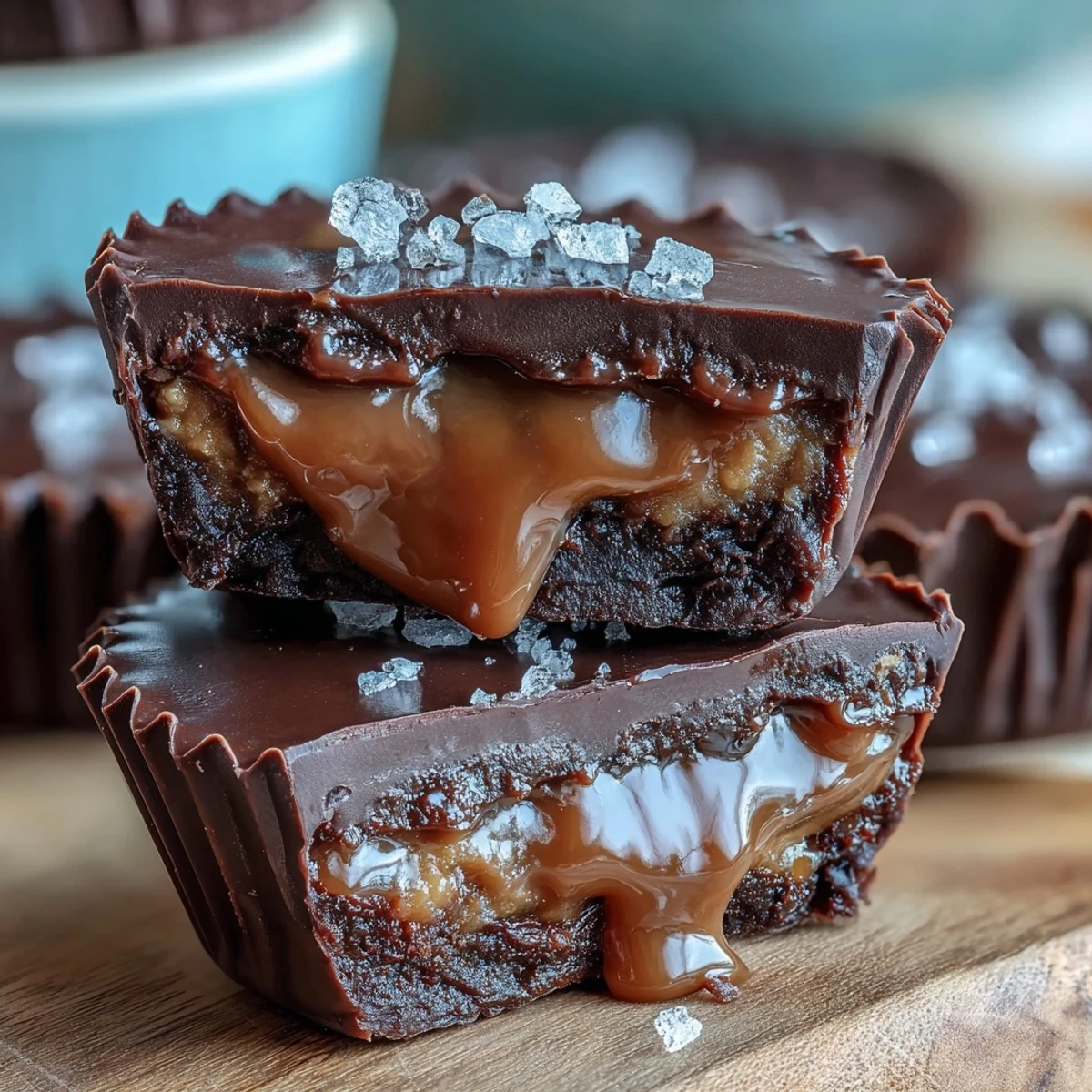 Decadent salted caramel peanut butter cups with creamy filling, silky chocolate coating, and a sprinkle of sea salt for irresistible flavor.